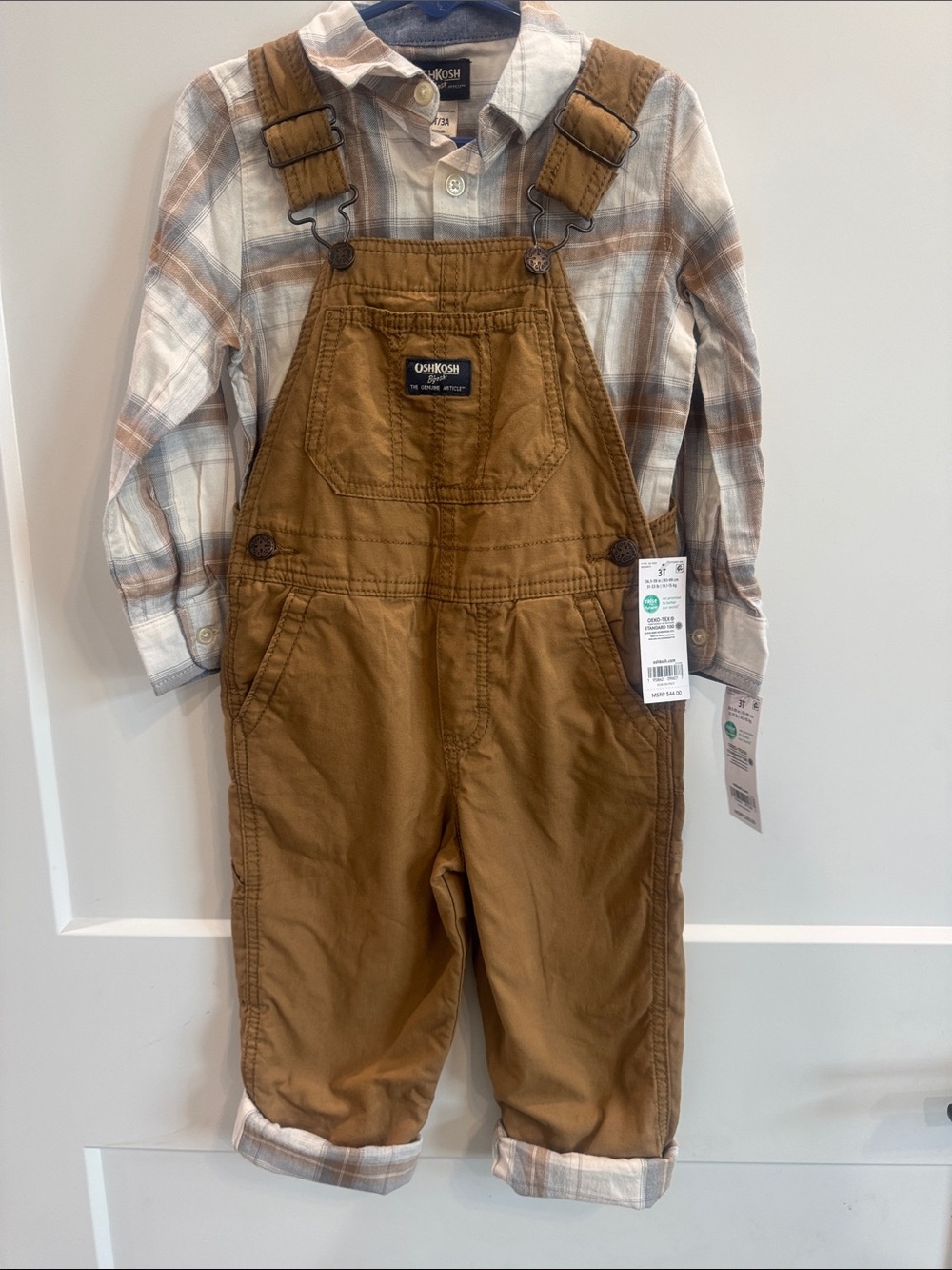 OshKosh B'gosh Camel Brown Kids Overalls with Matching Plaid Shirt